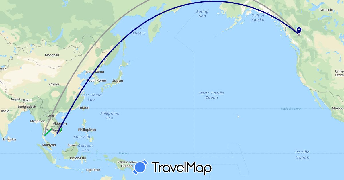TravelMap itinerary: driving, bus, plane in Canada, Cambodia, Thailand, Vietnam (Asia, North America)